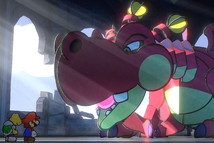 Paper Mario screenshot showing a Koopa Troopa and Mario looking up at a large dinosaur